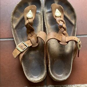 Birkenstock Brown Leather Sandals with Gold Buckles